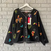 Vintage Cardigan Patch Embroidery Sweater Western Size Large Wool Blend