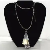 Boho Glam Black Sparkle Beads Tri Color Pom Pom 3"Tassel Pendant 32" Necklace