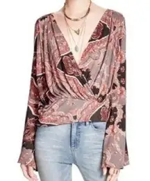 Free People  Fiona Print Top Surplice Statement Sleeve Blouse Shirt Medium