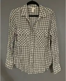 H&M Ivory Grey Modal Plaid Checked Long Sleeve Button Front Blouse Size 10