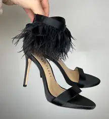 Katy Perry The Editor Black Satin Feather Ankle Strap Stiletto Heels Size 7