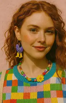 Handmade Funky Chicken Earrings Purple with Yellow Boots Whimsical Statement 2"