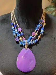 Women's Purple Teardrop Pendant Necklace With Blue Beads And Multi Strand Design