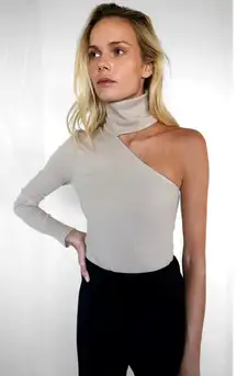 The Range Shirt Women XS Beige Mushroom Mass Rib Knit Carved Turtleneck Top Sexy