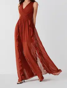 Cider V-neck Burnt Orange Swiss Dot Ruffled Maxi Dress Size Small