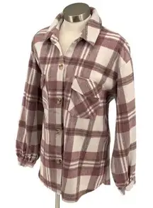Mud Pie Womens Plaid Balloon Long‎ Sleeve Flannel Shirt Dusty Rose Size Large