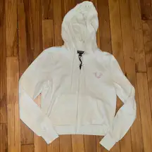 True Religion White and Pink Buddha Zip Up Hoodie