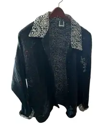 Womens Black Textured Floral Embroidered Button Up Cardigan Top