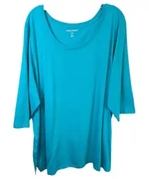Woman Within Plus Size 26/28 Top 2X Turquoise 3/4 Sleeve Scoop Neck Tee 1157