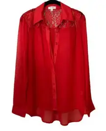 Olsenboye Red Lace Lightweight Button Up Blouse Top
