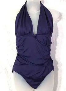 Gap halter swimsuit one piece wrap ruched low cut medium EUC purple