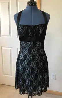 halter dress black lace & blue