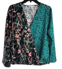 Allison‎ Joy Faux Wrap Long Sleeve Two Tone Floral Geo Print Blouse Sz Medium