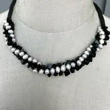 Freshwater pearl and onyx choker necklace on cord