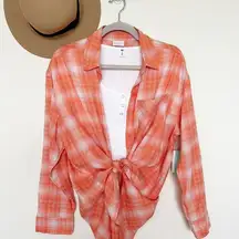 Nordstrom Plaid button down shirt top SMALL long sleeve blouse orange white