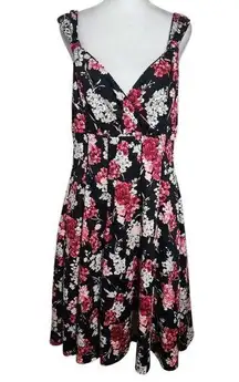 WHBM Pink and Black Floral Fit and Flare Party Dress Size 10 Wedding Guest Dress