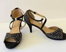 Black Rhinestone Strappy Sparkle Metallic Wedding Sandals Open Toe Heels Glam