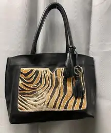 Varriale Women's Black Leather Tote Bag with Leopard Print Large  2136