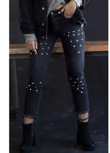 CARMAR Black Emelia Sturgis Spiked Straight Leg Crop Frayed Goth Jeans Size 25