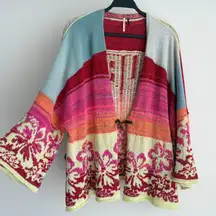 Free People Surf Sweater XS/S Kimono Boho Cotton Knit Cardigan Coastal Colorful