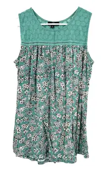 Suzanne Betro Size XL Tank‎ Top Eyelet Lace Upper Floral Print Lower Teal White