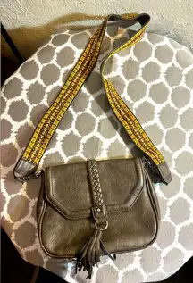 Antik Kraft Brown and Yellow Crossbody Bag with Tassel Detail and guitar strap