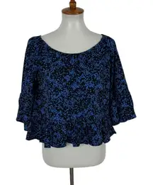 Walter Baker Top Small Blue Black Off Shoulder Ruffle Boho Long Sleeve
