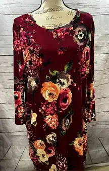 Womens Burgundy Floral‎ Long Sleeve Round Neck Casual Tunic Dress