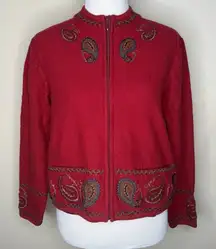 Icelandic Design Boiled Wool Jacket Womens Size M Embroidered Zip Sweater Pocket