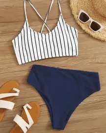 Lace Up Bikini Set With Dark Blue Bottoms NWT