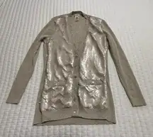 Cache Sequin Metallic Champagne Beige Cardigan Sweater Long Sleeve Sz M Medium