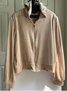 Magaschoni  Hooded Velour Gold Hardware Zip Casual Jacket Taupe Beige, Size XL