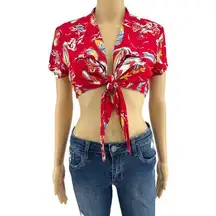 KALA (L)  VINTAGE 80’s Red Hula Aloha Hawaiian Knot Tie Crop Top Shirt