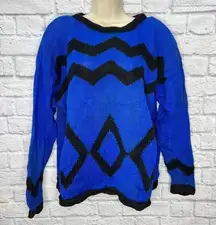 Vintage Jason Maxwell Blue Black Womens Sweater Size L Chevron Diamond 80s 90s