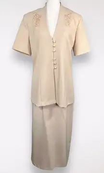 Vintage 80s Pride & Joy Beige Sequined 2pc Suit Jacket Skirt 14