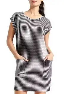 Athleta  Ease Up Sweatshirt Dress Grey Black Stripe Terry Pockets Women’s XS