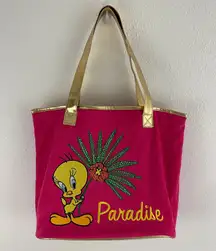 TWEETY Y2K Hot Pink Gold Terry Cloth Paradise Sequin Graphic Beach Tote Bag