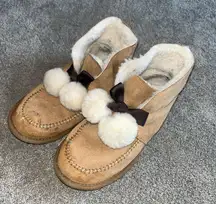 UGG Women’s size 7 Kallen Chestnut Suede Pom Pom Bow Slippers