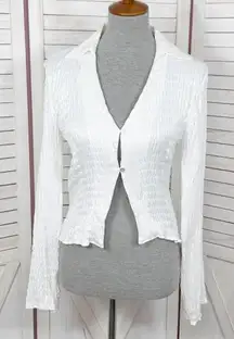 Zara Textured Scrunch Satin Split Bottom Button Up Shirt White Medium Crop Open