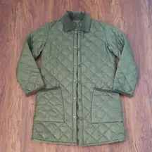 Barbour Womens Olive Green Quilted Preppy Fall Long Jacket Size 32