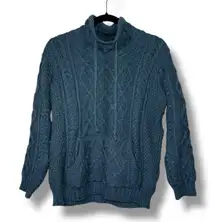 Aran Cable Knit Wool Blend Turtleneck Sweater Pullover Blue Small Womens