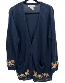 VTG JH Collectibles Navy Blue Linen Floral Embroidered Cardigan Sweater Medium