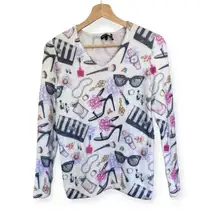 Women's V-neck Tricotto Sequin Lipstick Pearls Heels Print Sweater size Small