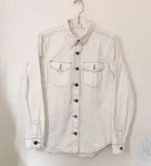 White denim button-up shirt shacket jacket western style button up down long sleeve brown contrast stitching office siren core Size S-measurements in pics