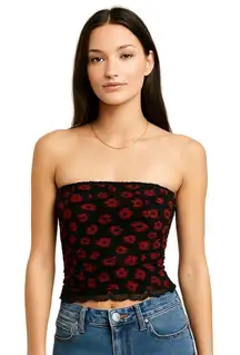 Free People Floral Mesh Strapless Top Black Red Lace Trim SzL Y2K Boho Stretchy