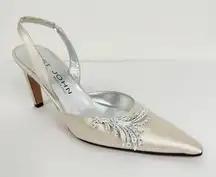 St. John Size 6 Vintage Satin Off White Slingback Crystal Wedding Bridal Heels