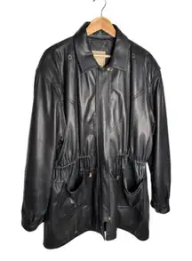 Echtes Leder Leather Jacket Size XL Black Knee Length Cinched Waist Vintage