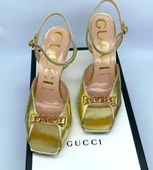 Gucci Gold Metallic Leather Chain link square toe strapy heels 37.5