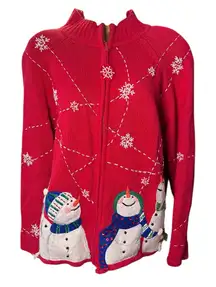Vtg Y2K Ugly Christmas Sweater Heirloom Collectibles Snowman Zip Sweater Red M