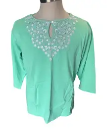 Bob Mackie Wearable Art Top 1X Embellished‎ Rhinestone 3/4 Sleeve Mint Green